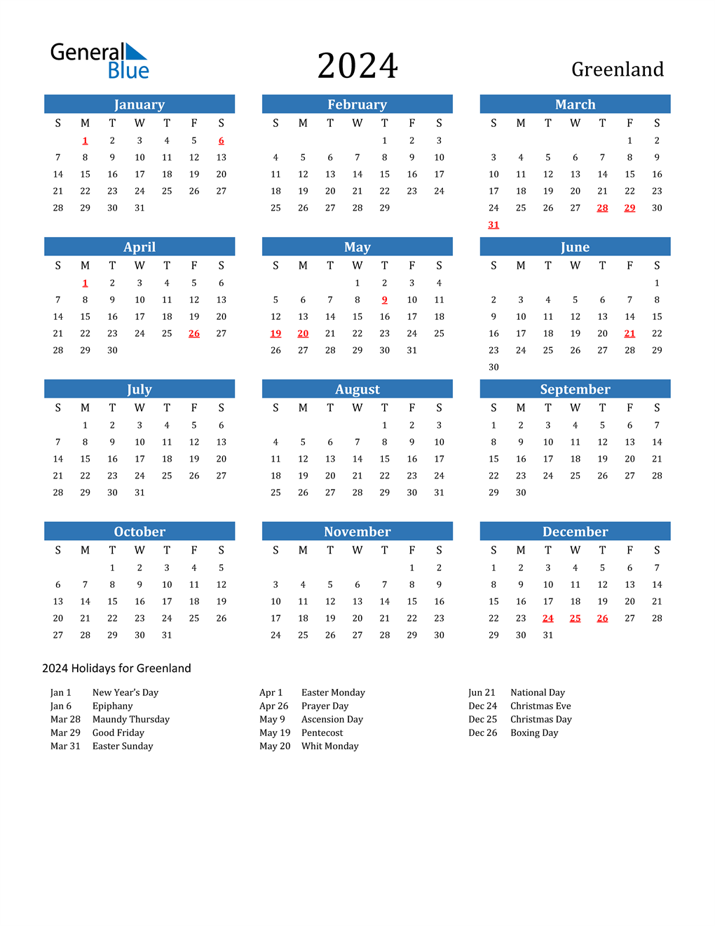 2024 Greenland Calendar with Holidays