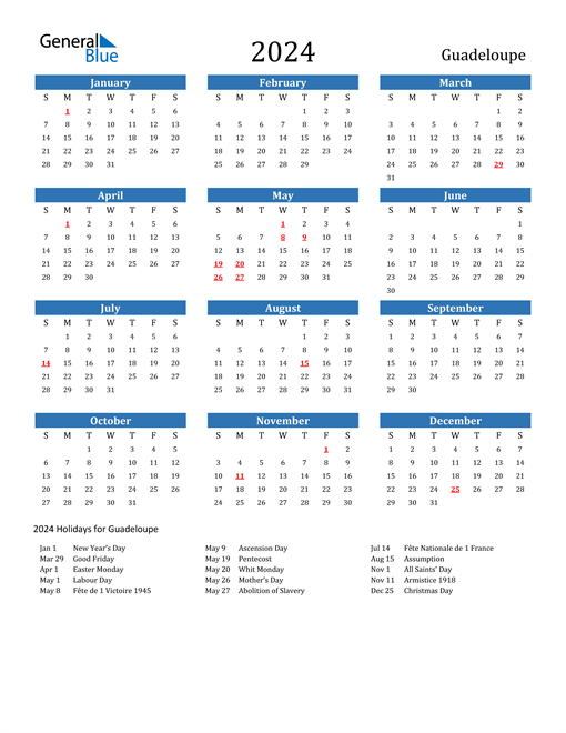 2024 Calendar with Guadeloupe Holidays