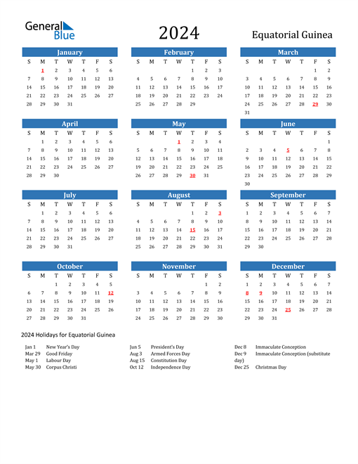 Equatorial Guinea 2024 Calendar with Holidays