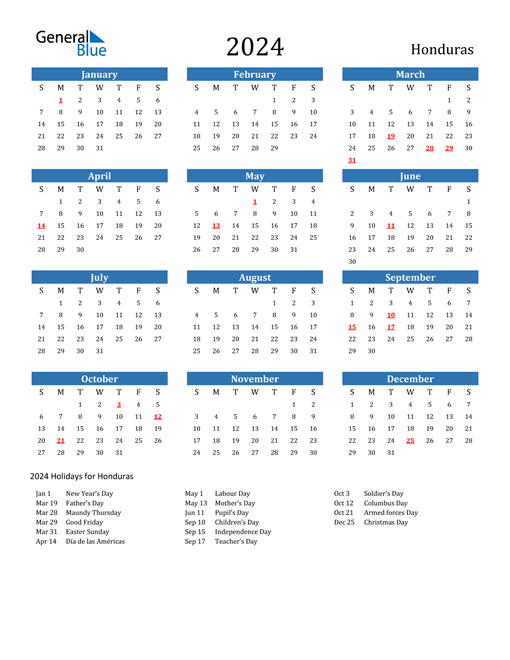 2024 Calendar with Honduras Holidays