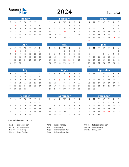 Jamaica 2024 Calendar with Holidays