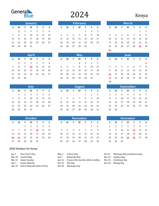 Kenya Calendars with Holidays