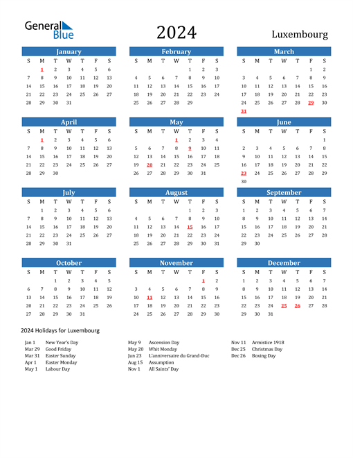 2024 Calendar with Luxembourg Holidays