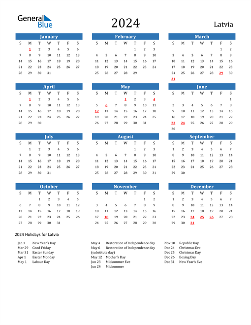 2024 Calendar with Latvia Holidays