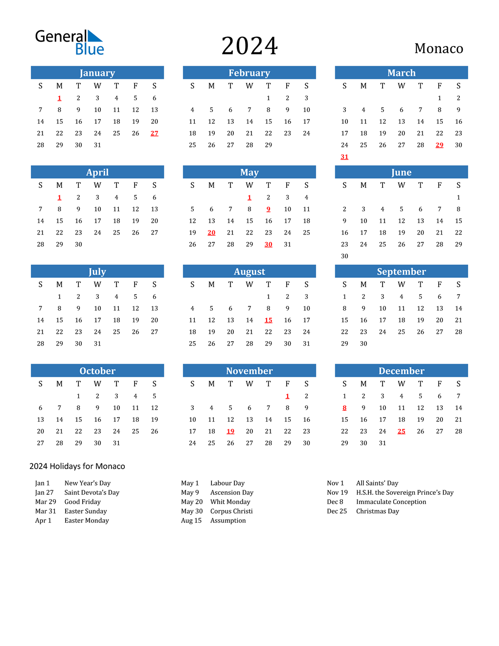2024 Monaco Calendar with Holidays