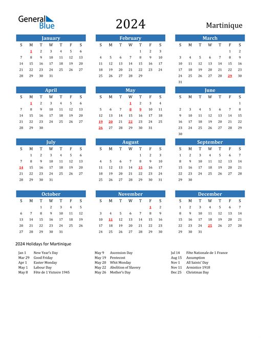 2024 Calendar with Martinique Holidays