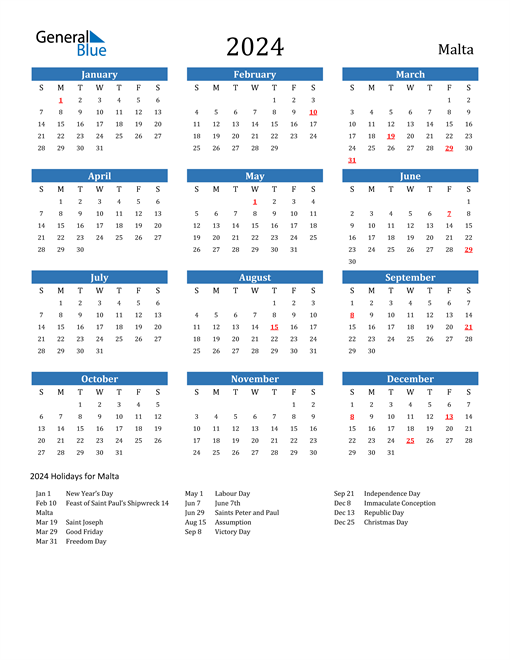 Malta 2024 Calendar with Holidays