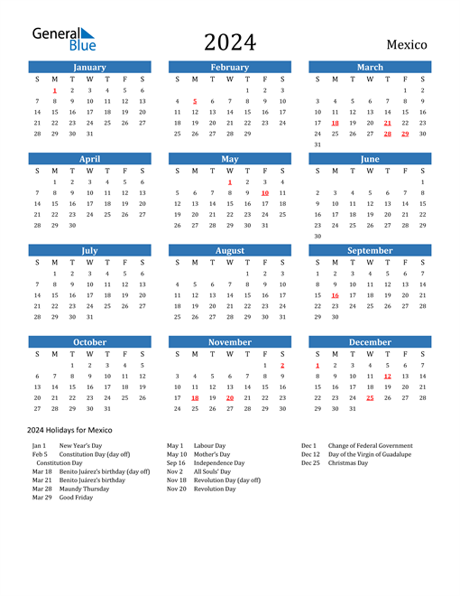 Mexico 2024 Calendar with Holidays