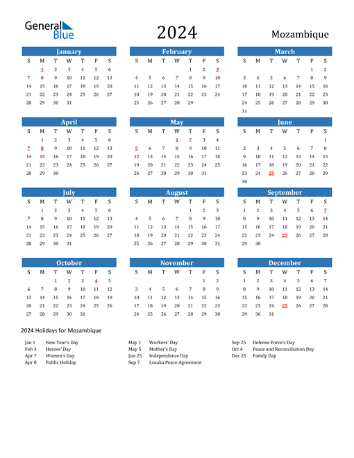 2024 Calendar with Mozambique Holidays