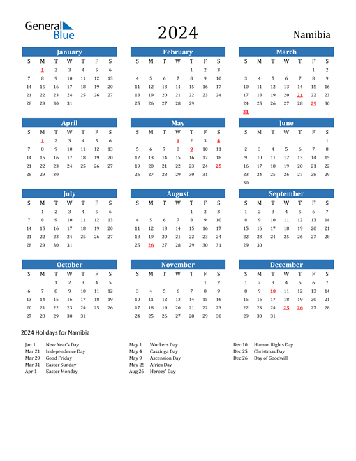 Namibia 2024 Calendar with Holidays