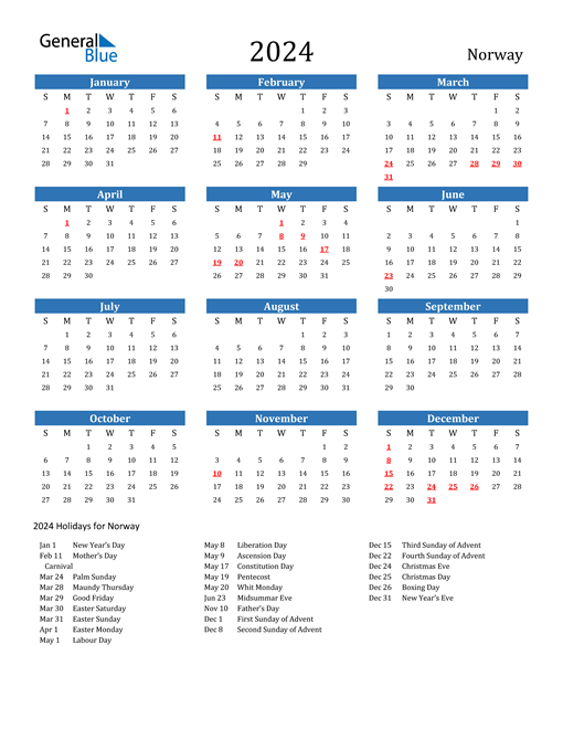 2024 Calendar with Norway Holidays