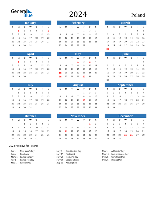Poland 2024 Calendar with Holidays