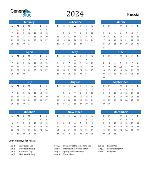 Russia 2024 Calendar with Holidays