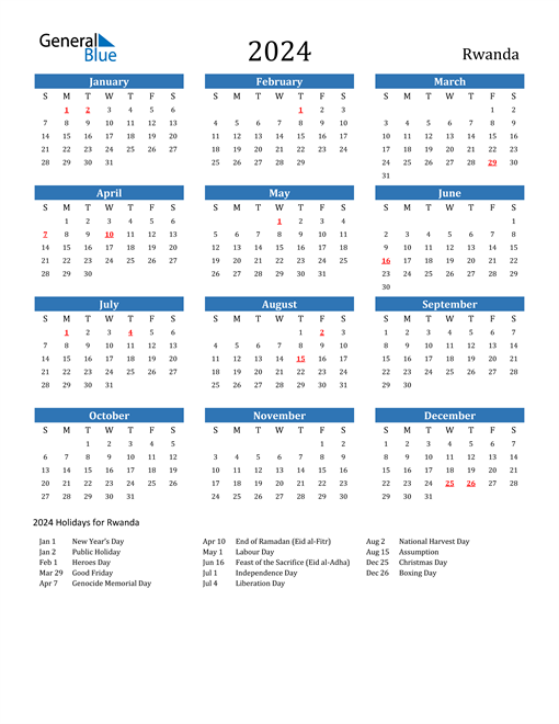 Rwanda 2024 Calendar with Holidays