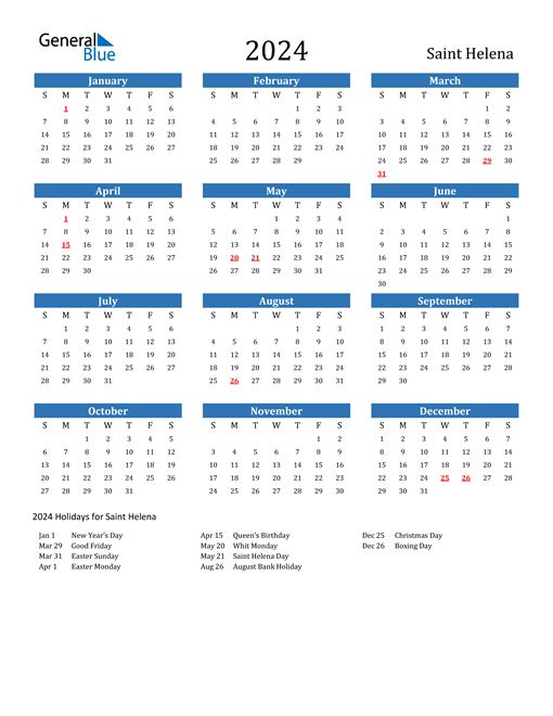 2024 Calendar with Saint Helena Holidays