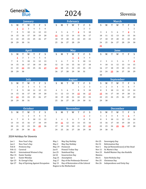 2024 Calendar with Slovenia Holidays