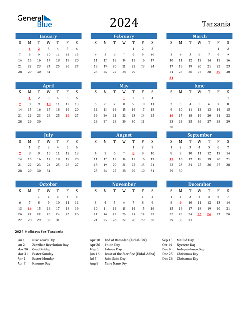 2024 Tanzania Calendar with Holidays