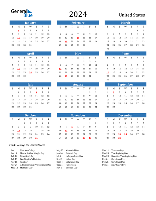 2024 Calendar with United States Holidays