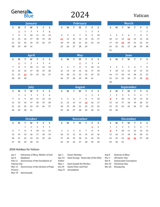 2024 Calendar with Vatican Holidays