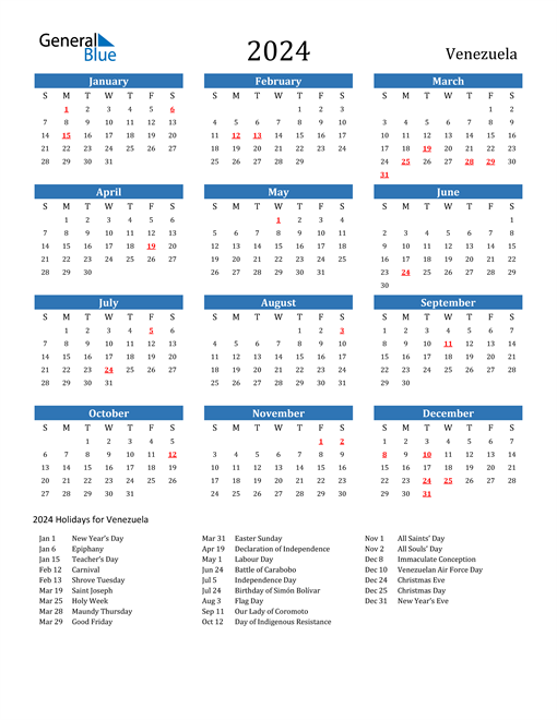 Venezuela Calendars with Holidays