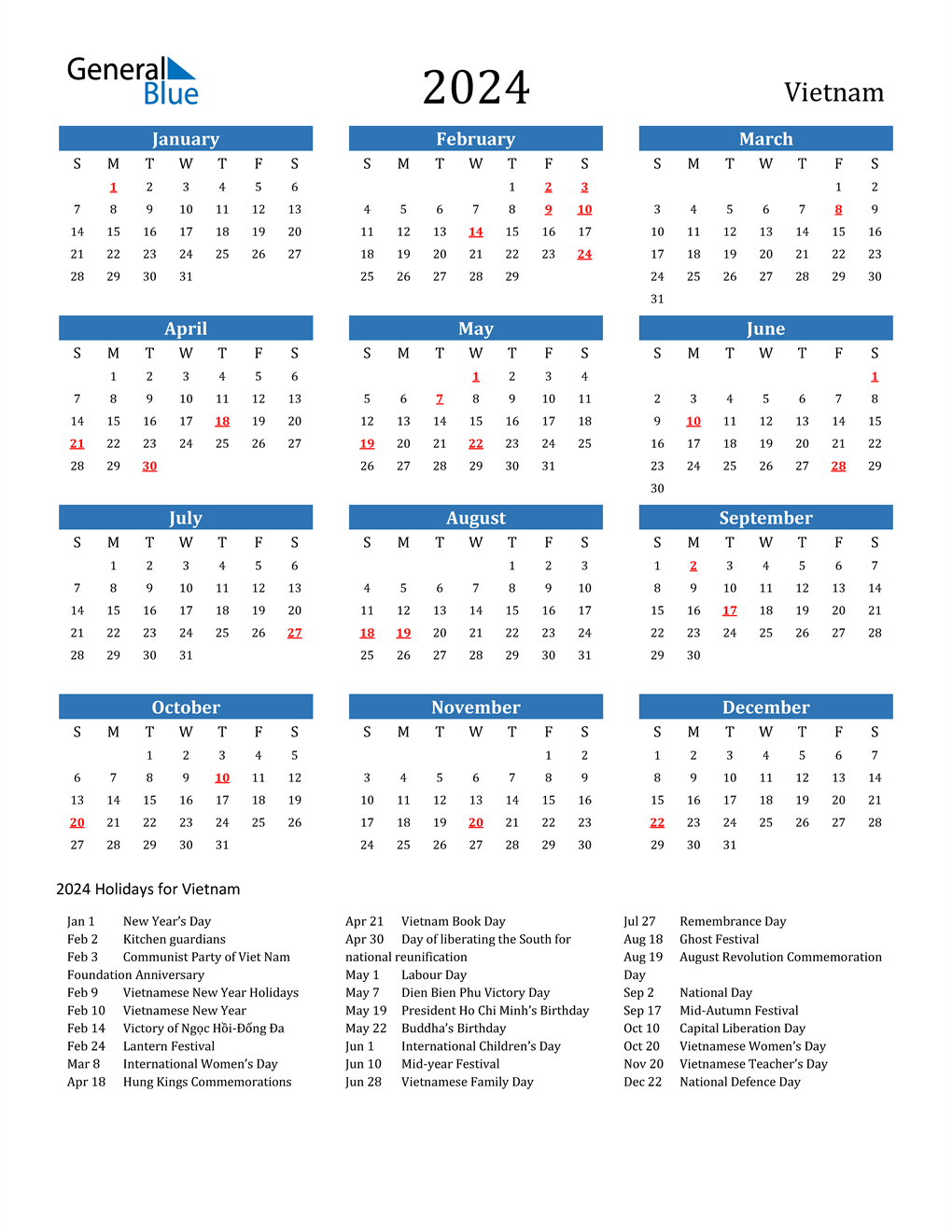 2024 Vietnam Calendar with Holidays