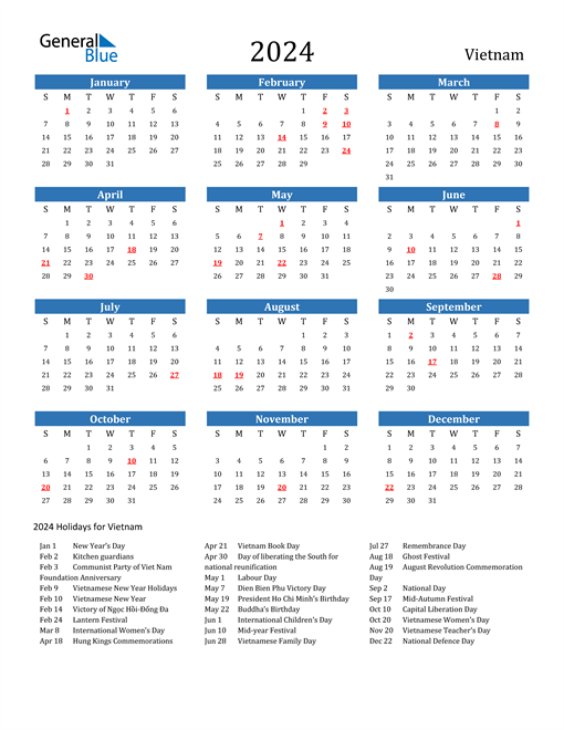 2024 Calendar with Vietnam Holidays