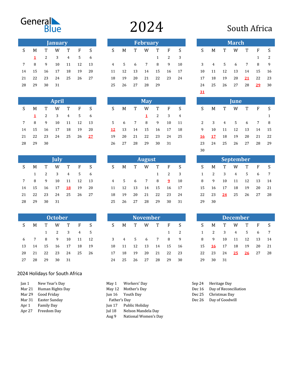 2024 South Africa Calendar with Holidays
