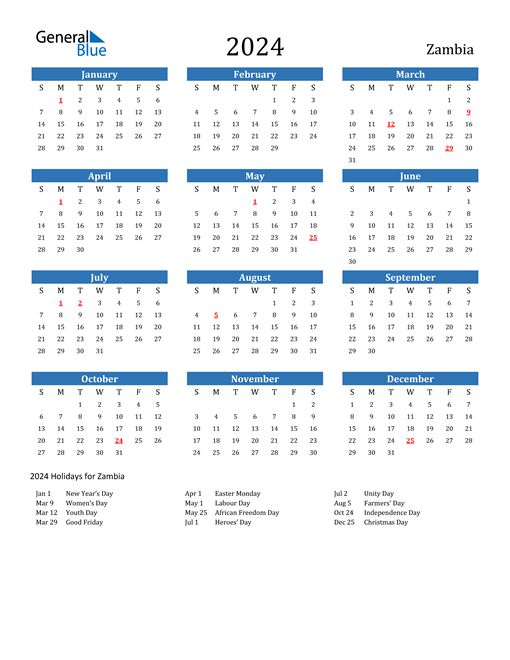 Zambia Calendars with Holidays