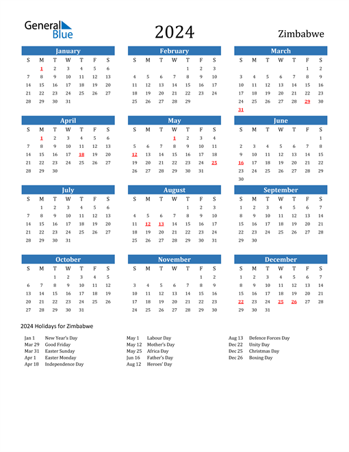Zimbabwe Calendars with Holidays