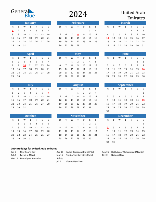 United Arab Emirates 2024 Calendar with Holidays
