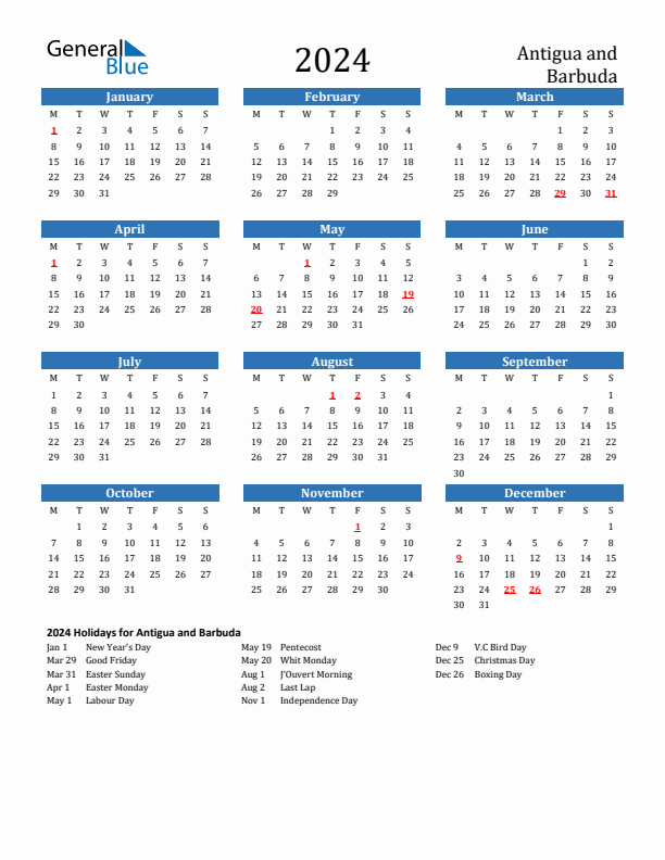 Antigua and Barbuda 2024 Calendar with Holidays