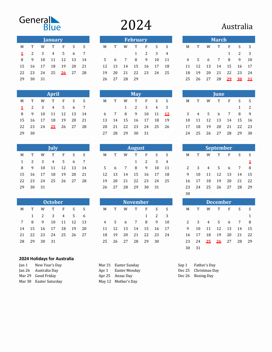 Australia 2024 Calendar with Holidays