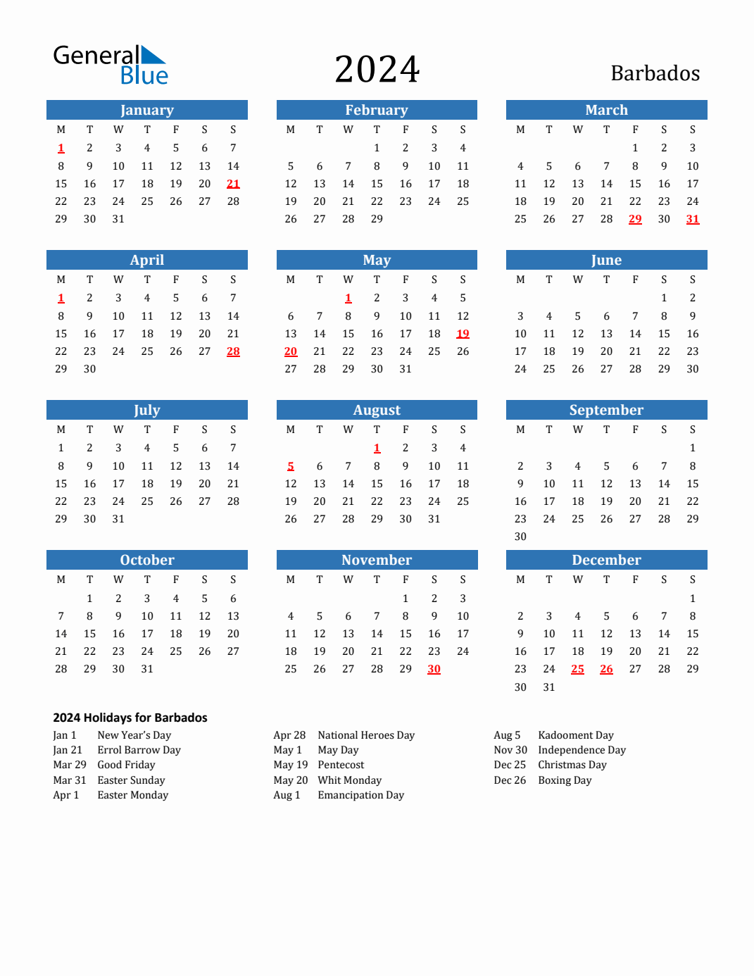 2024 Holiday Calendar for Barbados Monday Start