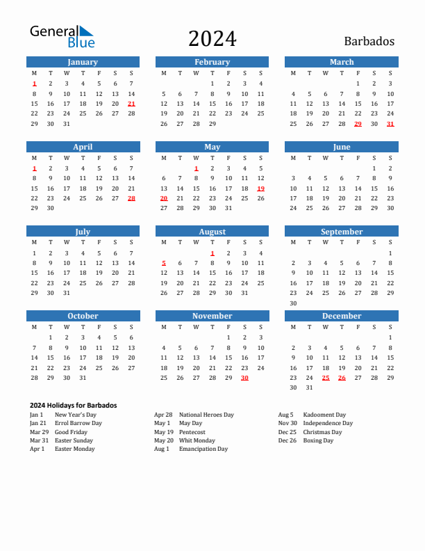 Barbados 2024 Calendar with Holidays