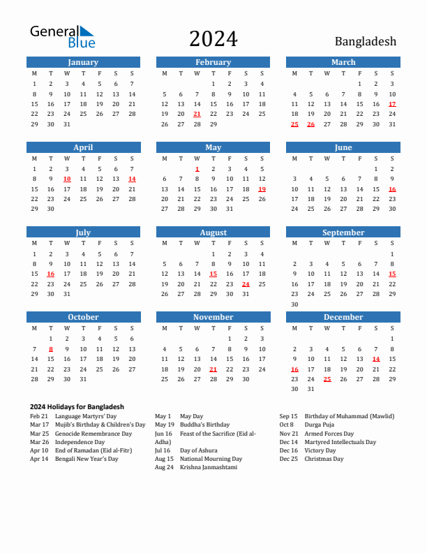 Bangladesh 2024 Calendar with Holidays