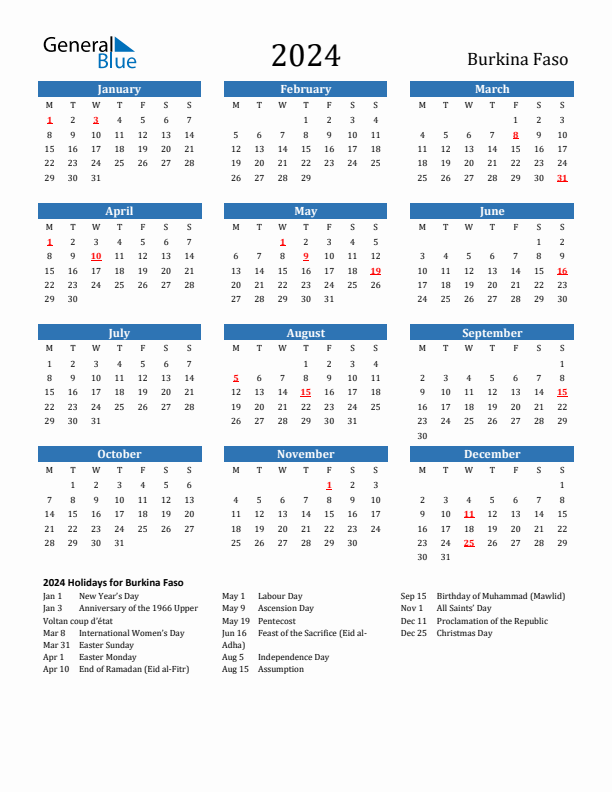 Burkina Faso 2024 Calendar with Holidays