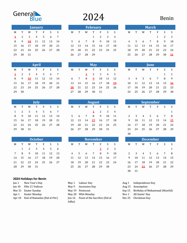 Benin 2024 Calendar with Holidays