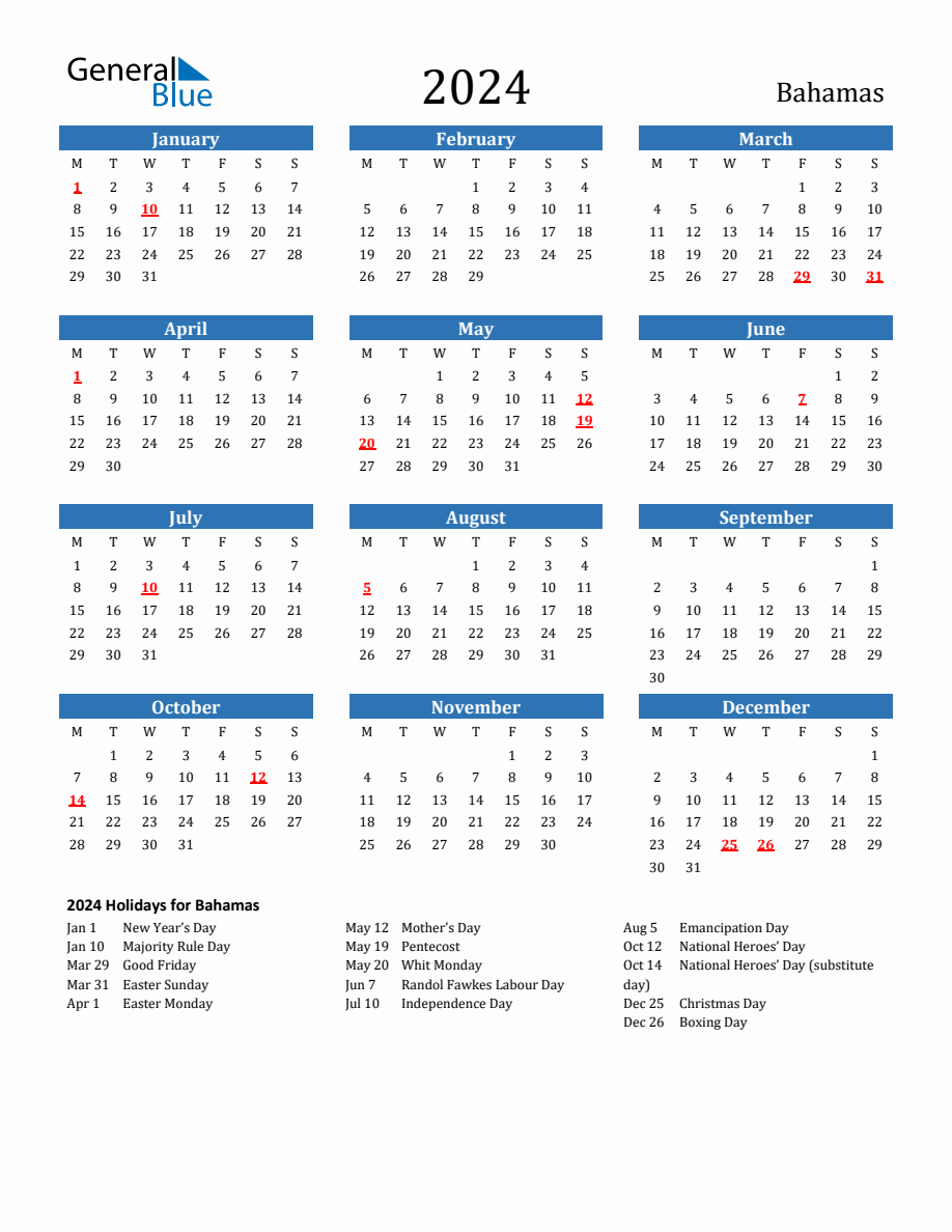 Bahamas 2024 Calendar with Holidays