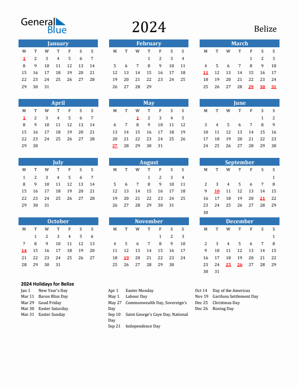 Belize 2024 Calendar with Holidays