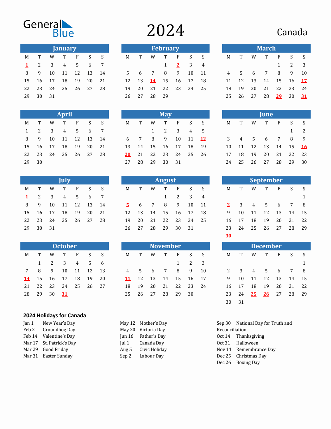 2024 Holiday Calendar for Canada Monday Start