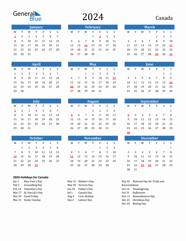 Canada 2024 Calendar with Holidays