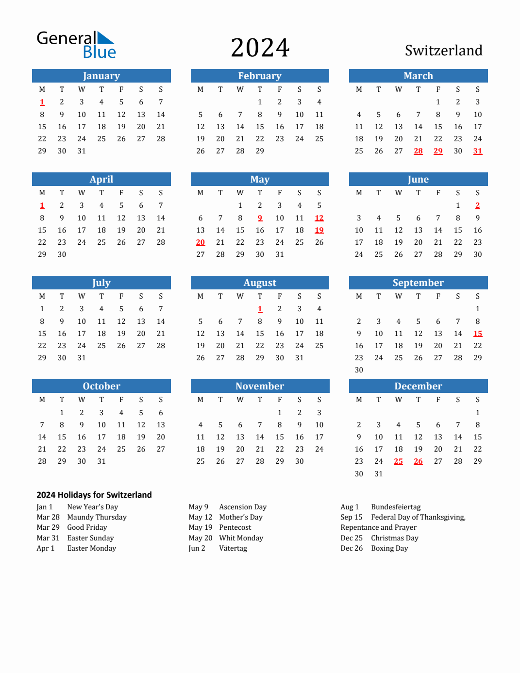 2024 Holiday Calendar for Switzerland Monday Start