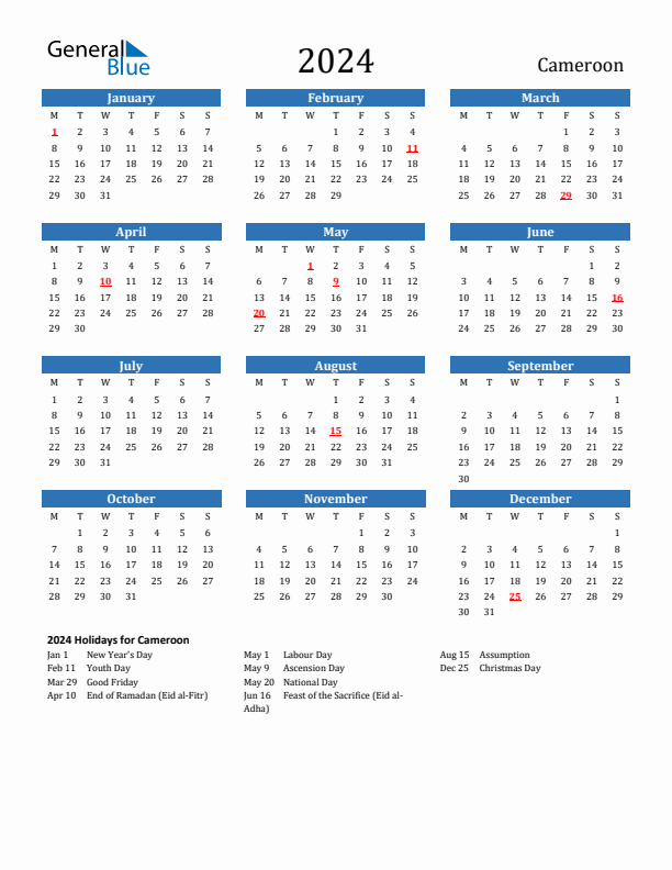Cameroon 2024 Calendar with Holidays