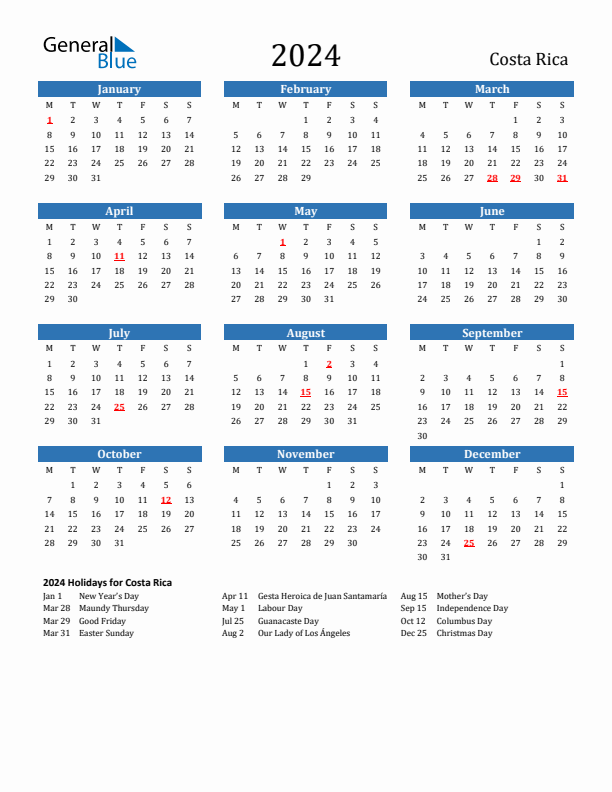 2024 Holiday Calendar for Costa Rica - Monday Start