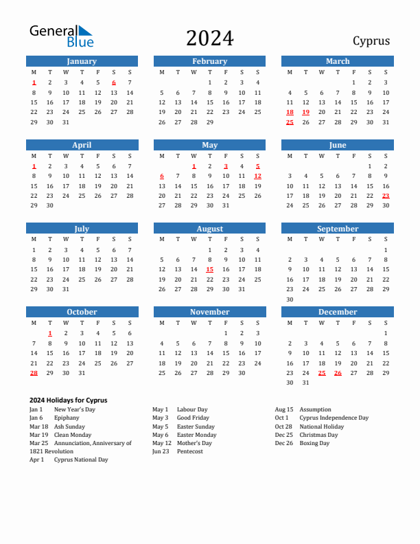 Cyprus 2024 Calendar with Holidays