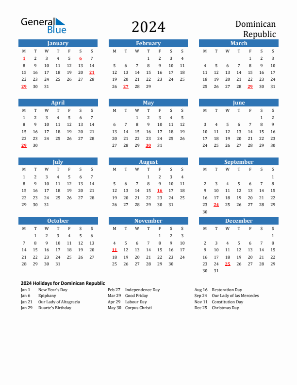 Dominican Republic 2024 Calendar with Holidays