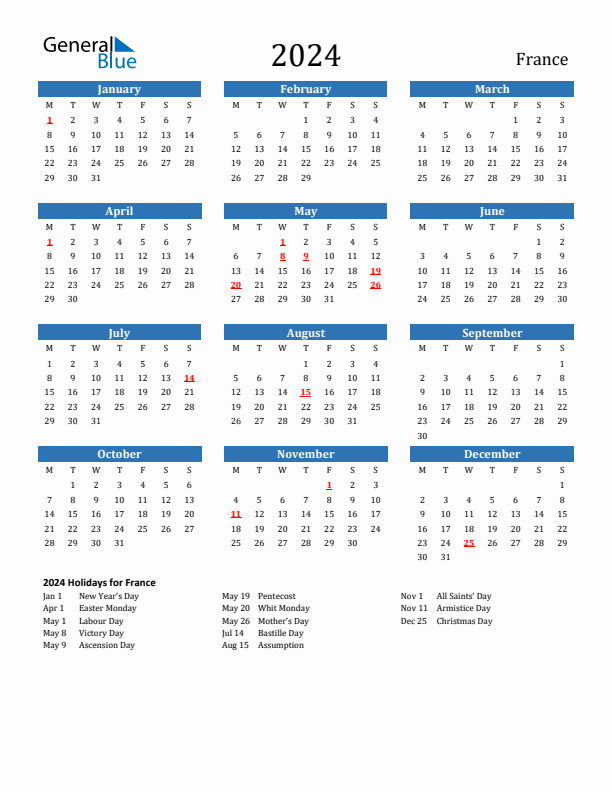 France 2024 Calendar with Holidays