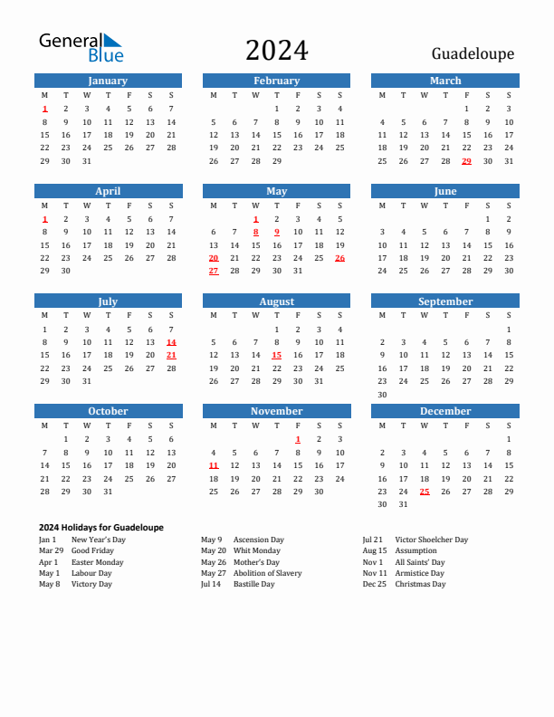 Guadeloupe 2024 Calendar with Holidays