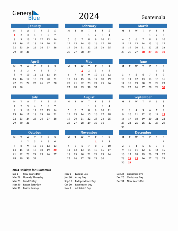 Guatemala 2024 Calendar with Holidays