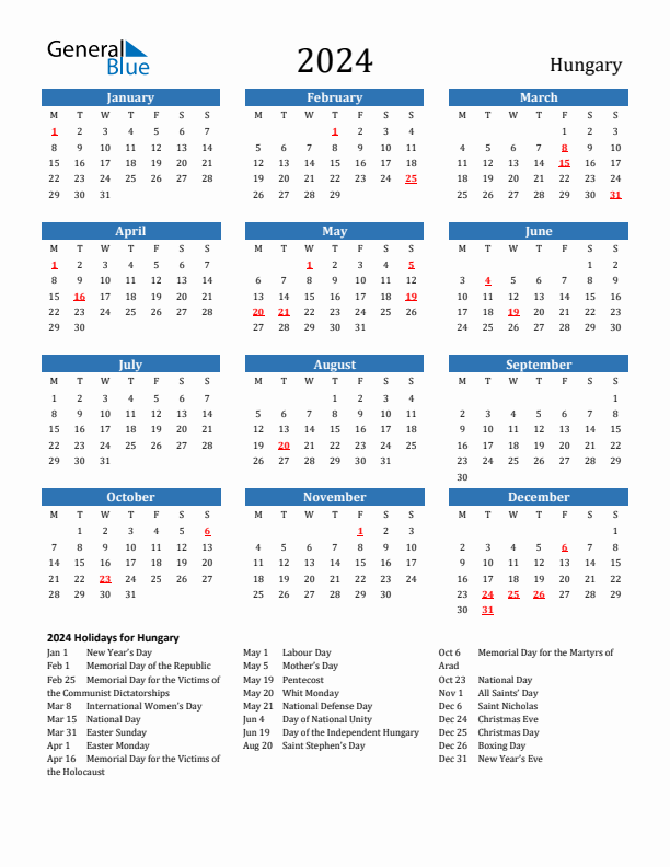 Hungary 2024 Calendar with Holidays